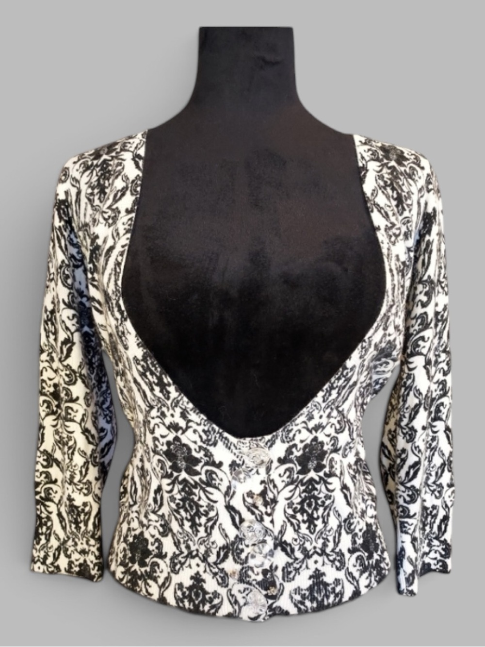 Vintage dELiA*s Cardigan Sweater Black White 90s Damask Novelty Buttons Goth M